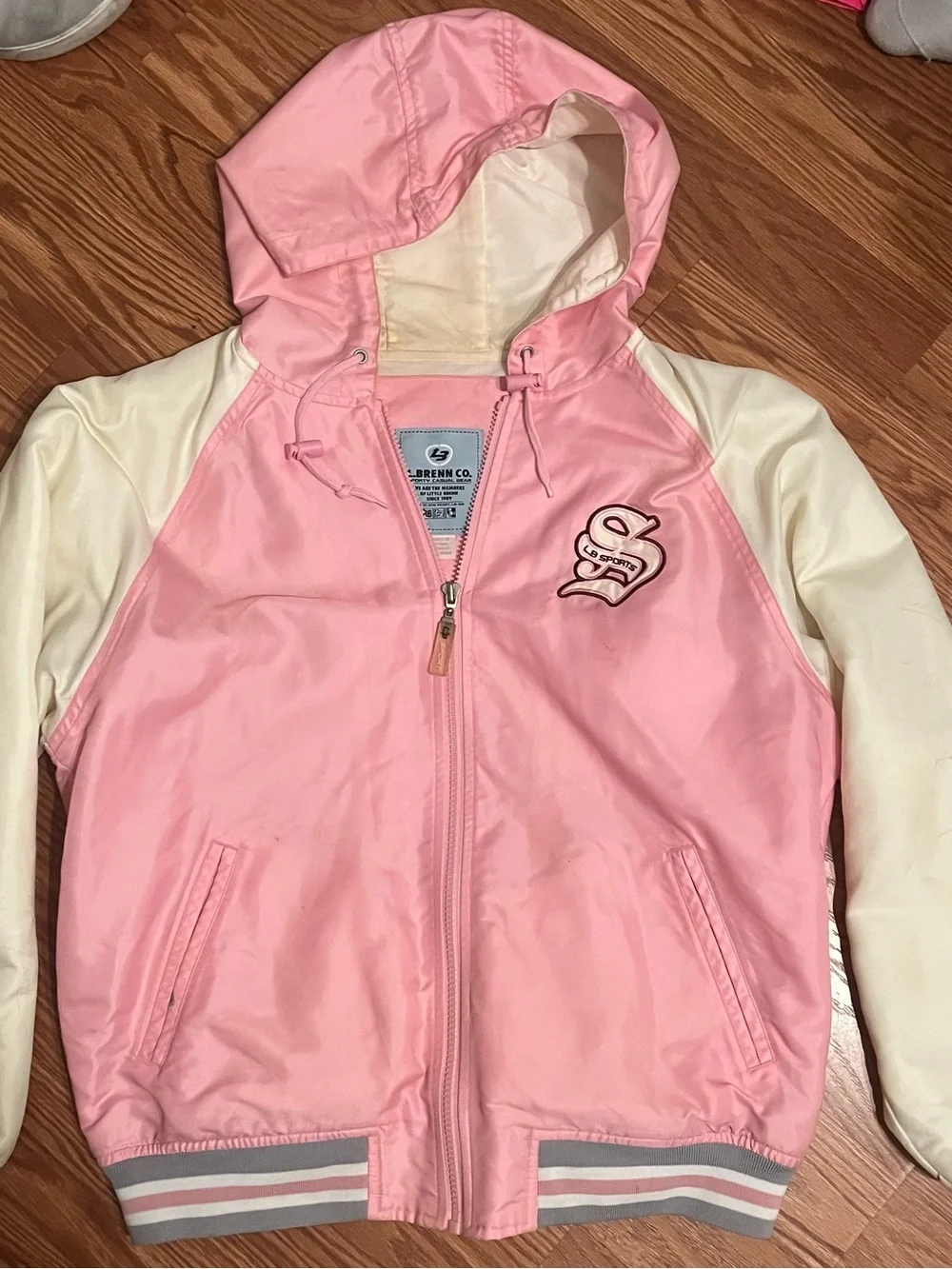 Vintage L. Brenn Co. Sporty Casual Wear Pink & Cream Hooded Girls' Bomber Jacket